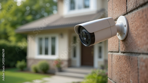 Close-up of a security camera mounted on an exterior wall with a blurred house and greenery in the background, representing home security.