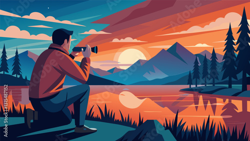A wiselooking man carefully lines up his shot capturing the beauty of a serene lake surrounded by towering evergreens and a vibrant sunset in the distance.. Vector illustration
