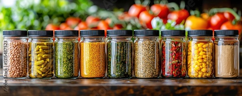 Organic goods in jars lined on a market stand amidst fresh produce, lentil spice pickle selection, good quality organic jarred delights racked high for sale at local organic market.
