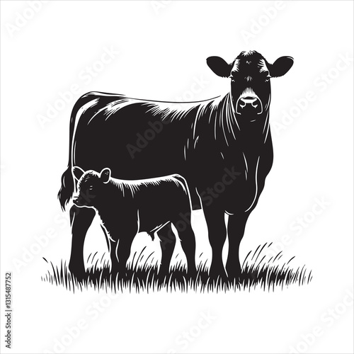 Cow, bull, cow and calf silhouette vector, drawing artwork