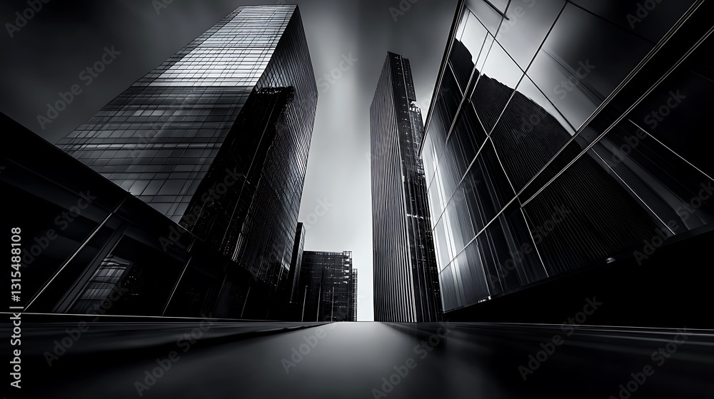 Obraz premium Low-angle view of skyscrapers in monochrome, emphasizing lines and reflections.