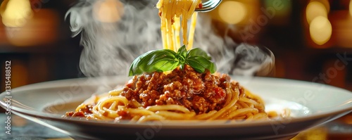 Closeup of delicious cooked spaghetti bolognese served on a white plate garnished with fresh green basil creating a delightful dinner dish for cooking enthusiasts and food lovers