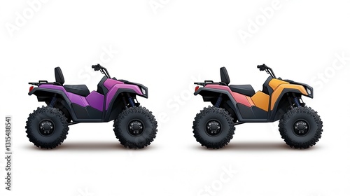 Two all-terrain vehicles, one purple and one orange, shown in profile view on a white background.