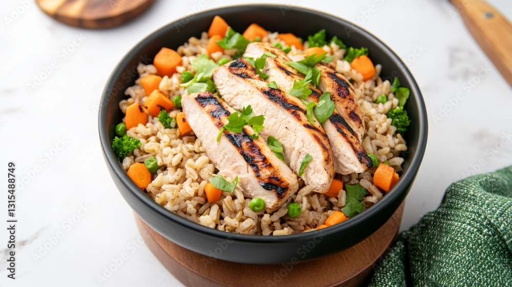 Rustic-style gourmet dog meal with grilled turkey, brown rice, and carrots Rustic-style gourmet dog meal with grilled turkey, brown rice, and carrots