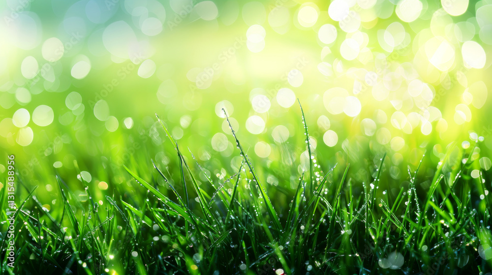 Fototapeta premium Fresh green grass with dew drops, bright sunny meadow background, morning nature concept.