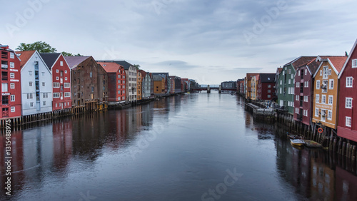 Colorful Bryggen Wharf Houses Reflecting on the Nidelva River in Trondheim