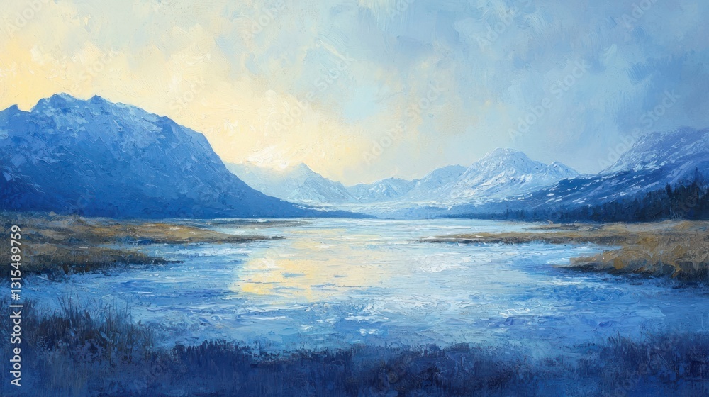 Serene winter landscape painting of a calm lake nestled between snow-capped mountains under a pale sky.