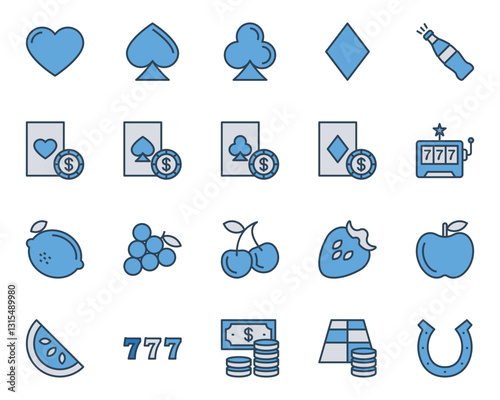 Filled blue outline icons set for Gambling casino.
