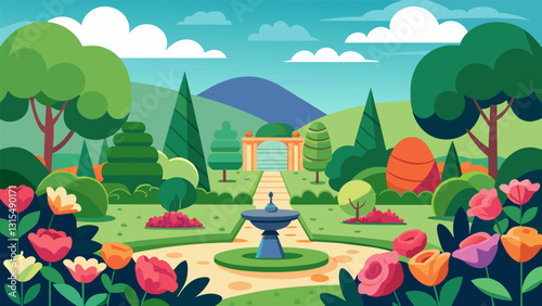 A wellmanicured garden filled with vibrant flowers and lush greenery providing a serene setting for seniors to focus on their breath and movement.. Vector illustration