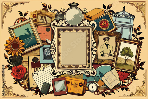 Vintage collage featuring historical artifacts, photographs, and decorative elements from a bygone era displayed on a textured background