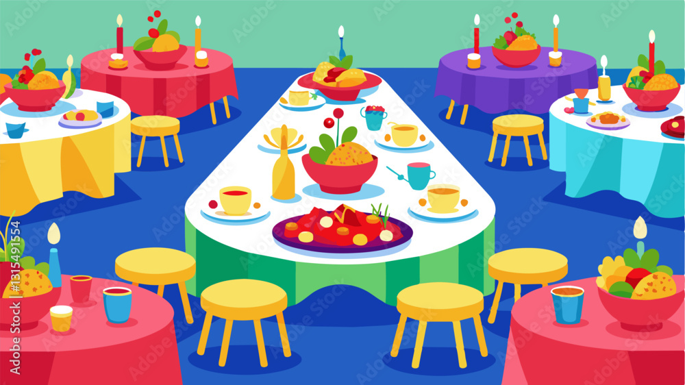 The tables are adorned with vibrant tablecloths and centerpieces creating a sense of celebration and appreciation for each individual present at the community meal service.. Vector illustration