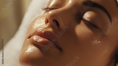 Realistic close-up of a woman’s face as she receives a facial treatment at a spa, soft & ambient lighting