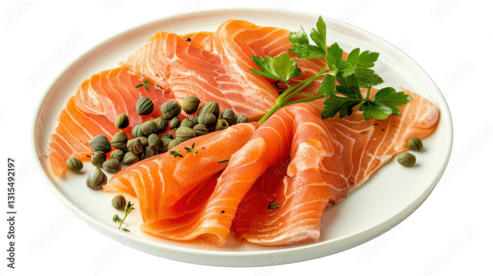 Smoked salmon slices with capers and parsley on white plate with transparent background Smoked salmon slices with capers and parsley on white plate with transparent background