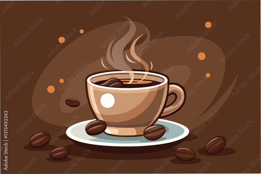 Obraz premium Hot coffee cup with steam and coffee beans on a plate in a cozy setting during morning hours