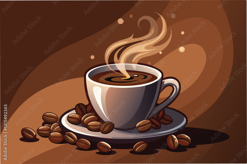 Obraz premium Hot coffee cup with steam and coffee beans on a plate in a cozy setting during morning hours