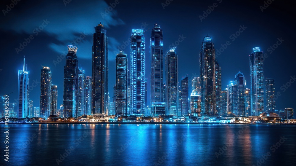 Fototapeta premium Night cityscape, skyscrapers, waterfront, illuminated buildings, blue, reflection.