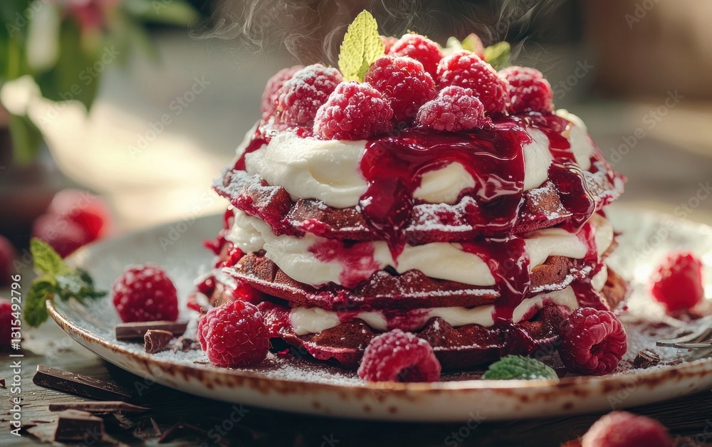 Delicious dessert of stacked waffles with raspberry sauce, whipped cream, and fresh raspberries, garnished with mint leaves and powdered sugar. Served on a rustic plate Delicious dessert of stacked waffles with raspberry sauce, whipped cream, and fresh raspberries, garnished with mint leaves and powdered sugar. Served on a rustic plate