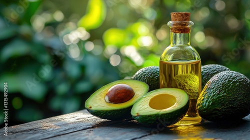 Fresh organic avocado oil in a glass bottle with ripe avocado fruits on a wooden table showcasing the natural freshness and healthy benefits of this fruit.