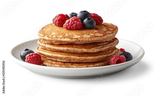 Wallpaper Mural A stack of golden brown pancakes topped with fresh raspberries and blueberries, served on a simple white plate against a white background Torontodigital.ca