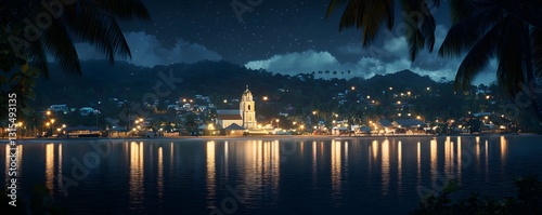 Night view of Apia, Samoa, with the iconic Immaculate Conception Cathedral softly lit, city lights reflecting on the coastline, and palm trees swaying in the evening breeze