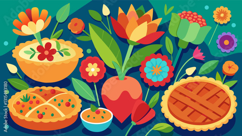 A sensory overload of sights smells and tastes from vibrant flower bouquets to savory pies to crisp juicy apples.. Vector illustration