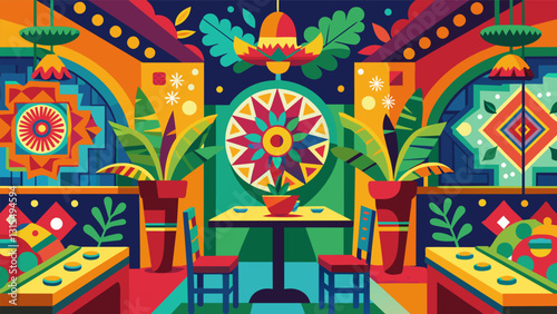 Vibrant colors and patterns adorn the walls of this Latin fusion restaurant creating a lively and festive atmosphere.. Vector illustration