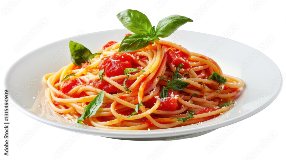 Delicious italian spaghetti with tomato sauce and basil on transparent background Delicious italian spaghetti with tomato sauce and basil on transparent background