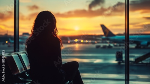 A woman is sitting at the airport, silhouetted against the window. She is watching a plane take off. She is waiting to board her own flight.