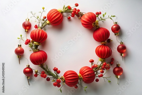 Elegant Circular Chinese New Year Wreath with Red Lanterns & Flowers - Aerial View photo