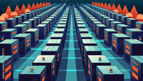 The data centers filled with rows upon rows of servers seemed to stretch on forever a maze of technology and wires.. Vector illustration