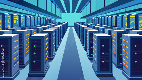 Rows upon rows of massive servers lined the floors of the Petabyte Data Center each one diligently storing invaluable information.. Vector illustration