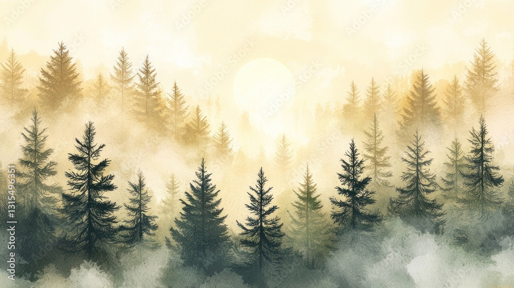 Misty sunrise over a dense evergreen forest. Misty sunrise over a dense evergreen forest.