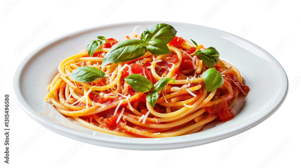 Delicious italian spaghetti with tomato sauce, basil, and grated cheese on transparent background Delicious italian spaghetti with tomato sauce, basil, and grated cheese on transparent background