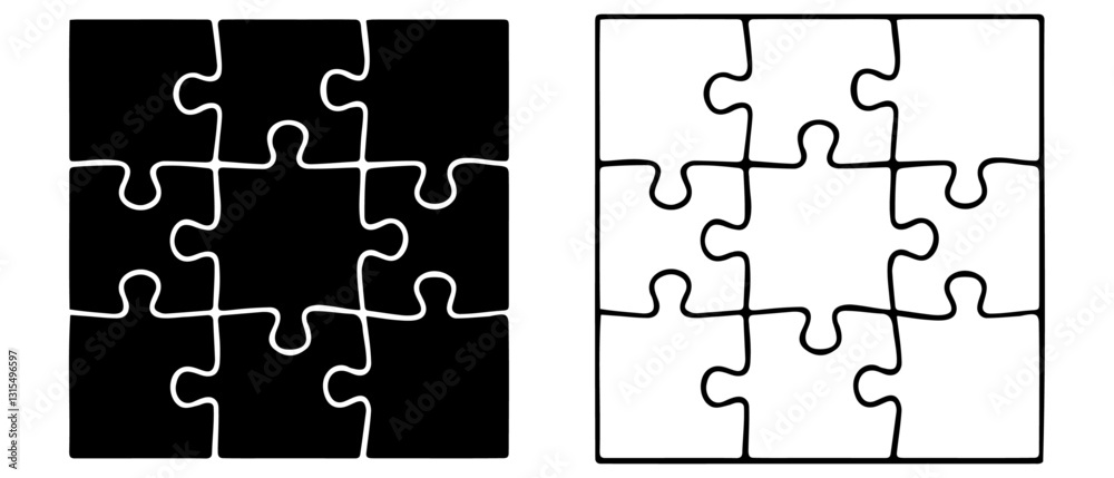 Jigsaw puzzle white and black color. Puzzle grid 3x3. Game mosaic 9 individual parts.