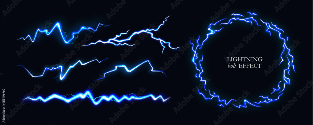 Thunder Effect with Energy Light Bolt - Blue Neon Lightning Storm. Vector Spark Bolts on Dark Background