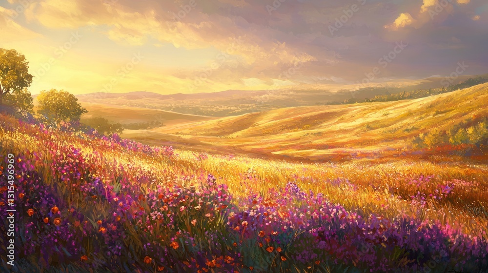 Obraz premium Vibrant sunset over rolling hills and wildflowers.