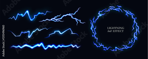 Thunder Effect with Energy Light Bolt - Blue Neon Lightning Storm. Vector Spark Bolts on Dark Background