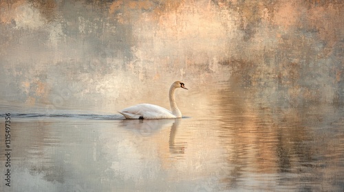 Fototapeta Naklejka Na Ścianę i Meble -  Serene swan gracefully gliding on calm water with a dreamy, textured background.