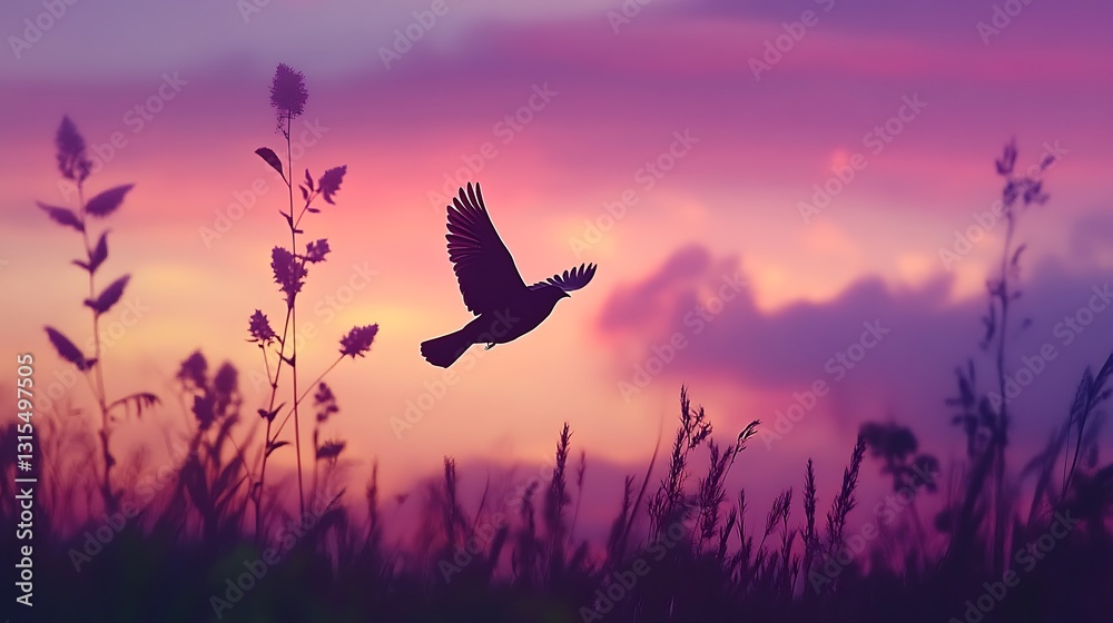 Fototapeta premium Silhouette of bird flying at sunset over wildflowers.