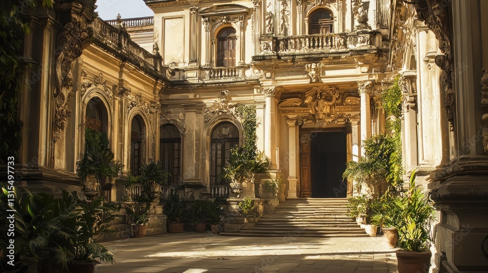 Obraz premium Sunlit courtyard of a grand, ornate palace.