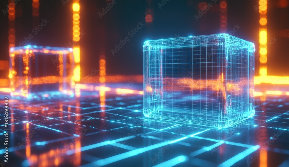 Fototapeta premium Holographic Cube on Neon Grid Floor