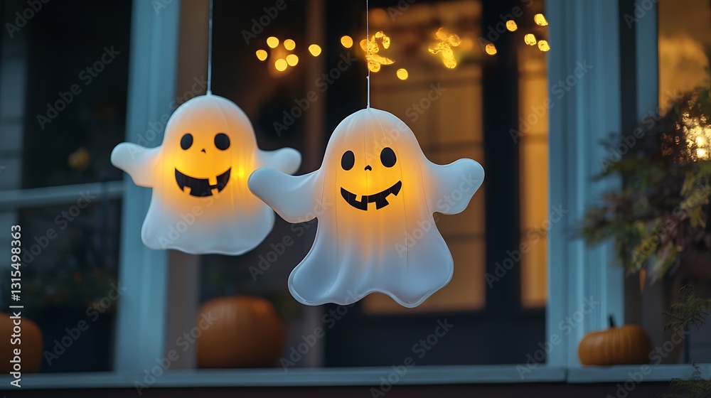 Obraz premium Smiling Halloween Ghosts Hanging on Porch
