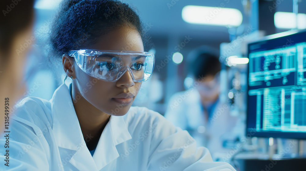 Diverse team of young scientists collaborating in a high-tech lab Diverse team of young scientists collaborating in a high-tech lab