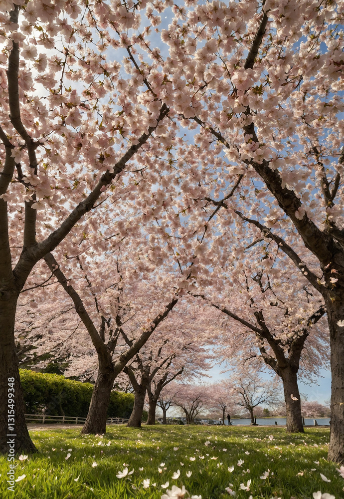 Blooming cherry blossom trees with petals falling in the wind Blooming cherry blossom trees with petals falling in the wind