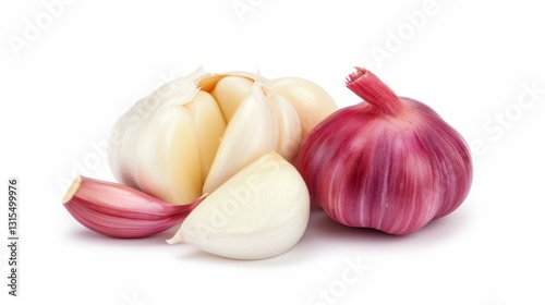 Fresh cloves of garlic, isolated on a white background, showcasing their natural texture and vibrant color.