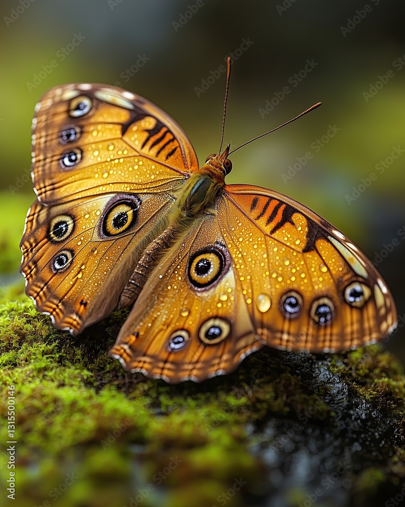 Naklejka premium hyper-realistic butterfly macro Colorful butterfly resting on green moss.