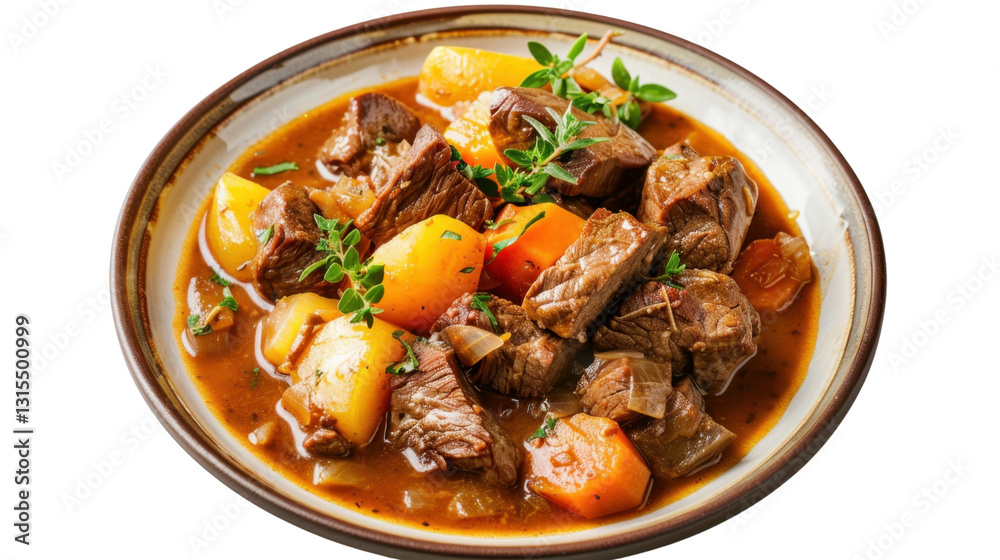 Delicious beef stew with potatoes, carrots, and thyme garnished on transparent background Delicious beef stew with potatoes, carrots, and thyme garnished on transparent background