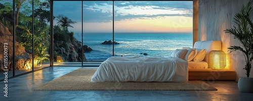 Modern bedchamber interior with a serene sea view bright light and beach-inspired decor creating a cozy inviting home room centered around a stylish bed.