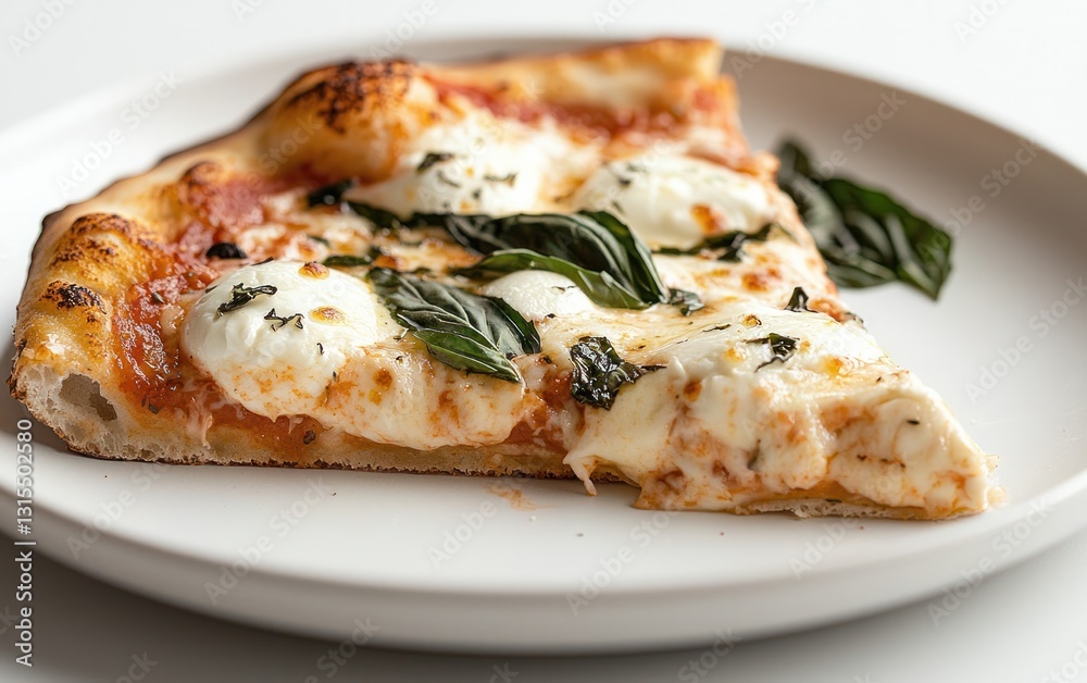A slice of pizza with fresh mozzarella, basil, and tomato sauce on a white plate. The pizza has a slightly charred crust A slice of pizza with fresh mozzarella, basil, and tomato sauce on a white plate. The pizza has a slightly charred crust