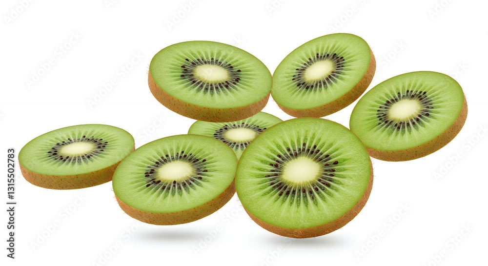 Fototapeta premium Fresh Kiwi Fruit Slices Floating on White Background for Healthy Eating